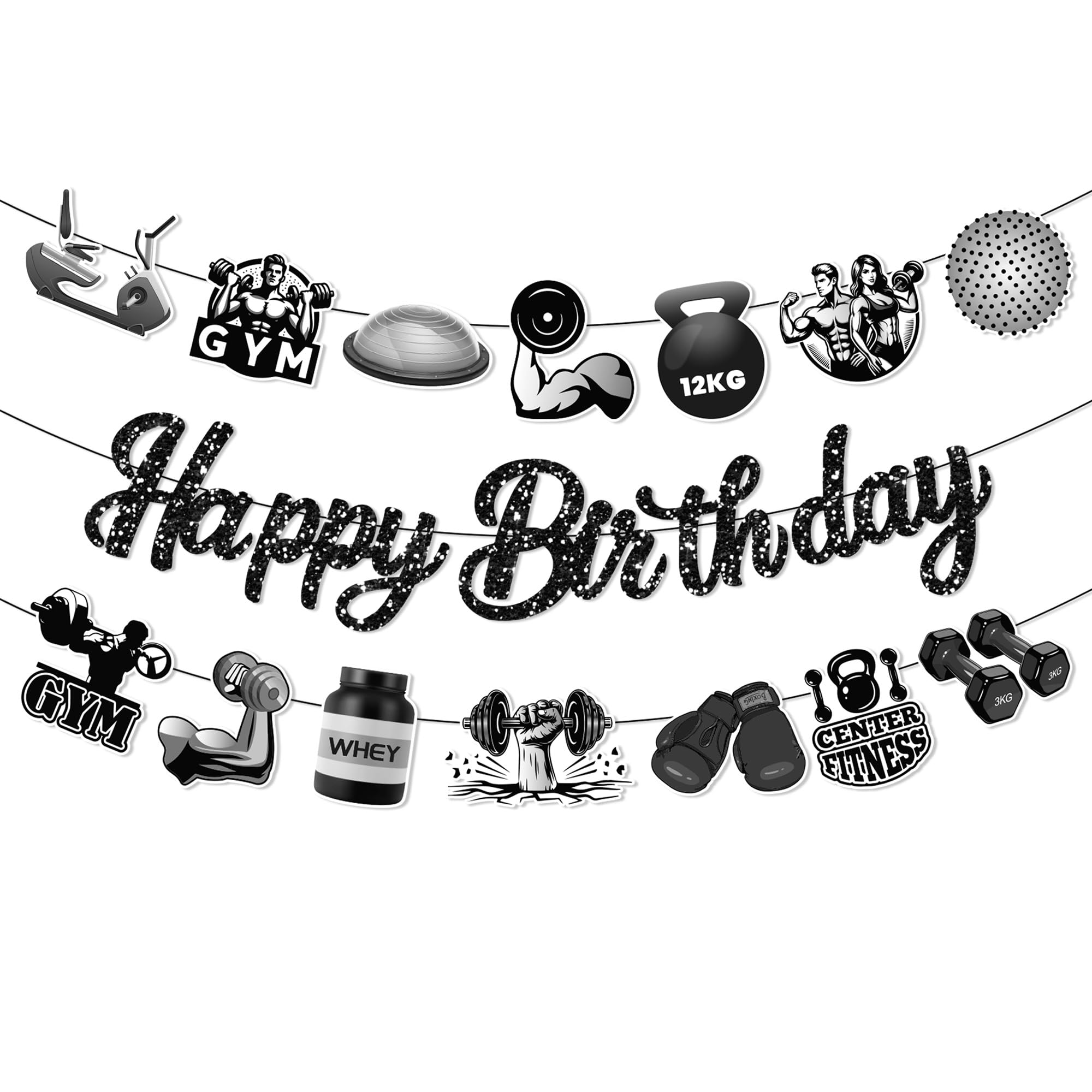 CC HOME 3Pcs Gym Happy Birthday Banner Barbell Boxing gloves Party Hanging Banner Fitness Theme Birthday Bridal Wedding Baby Shower Boys Girls Kids Home Classroom Party Supplies Decorations