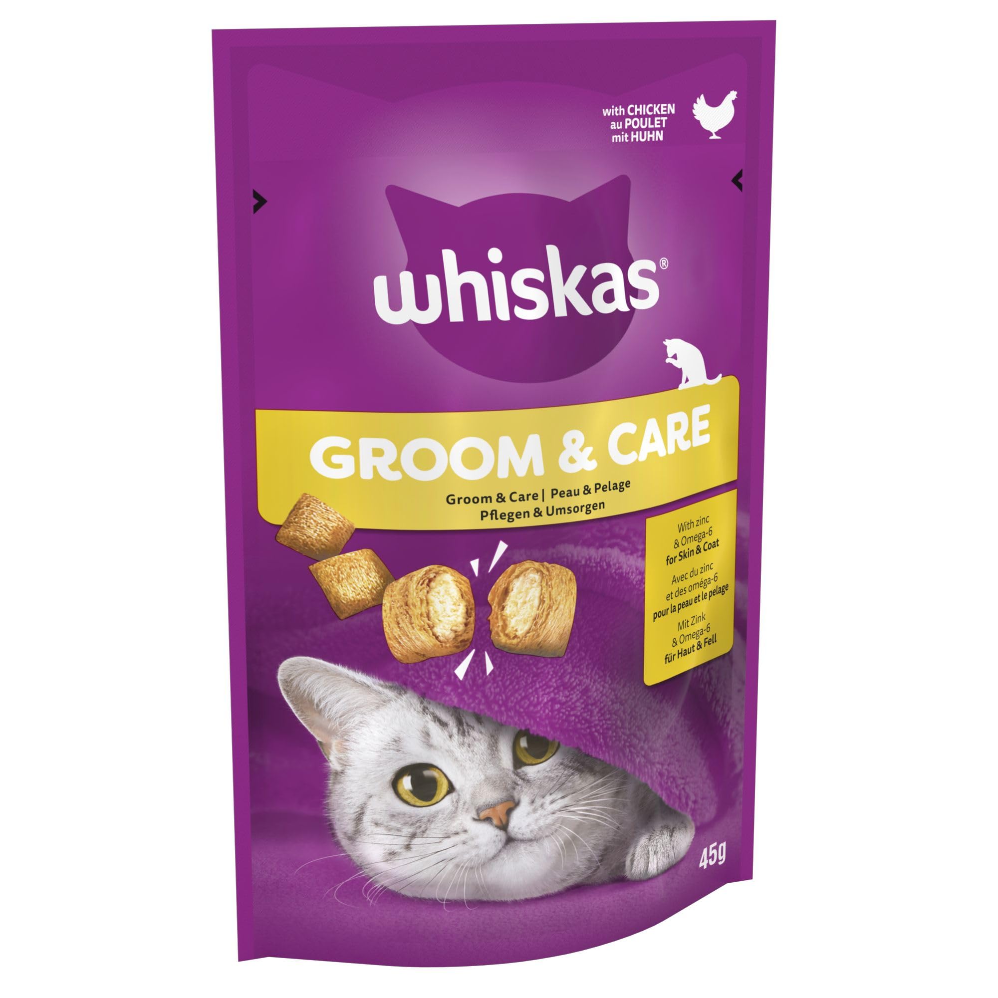 Whiskas Groom and Care - Cat Treats - Small Bite Size Snacks with Chicken Filling - 8 x 45 g
