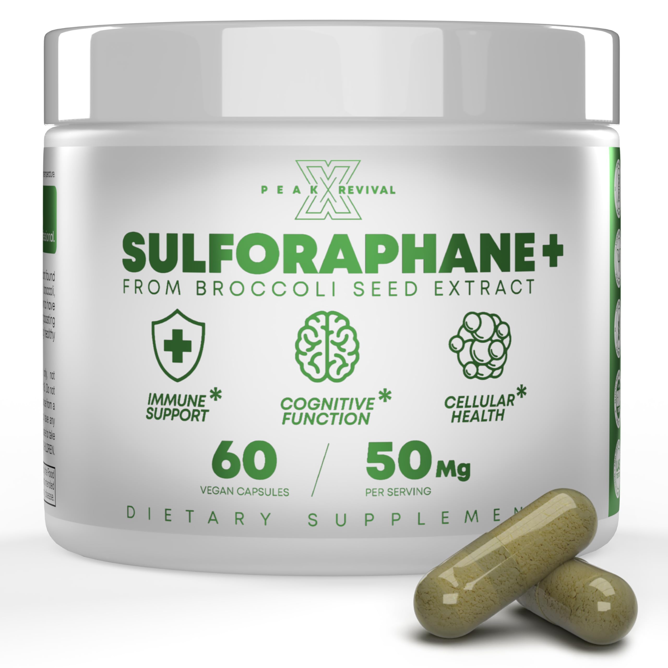 Peak Revival-X 5000mcg of Real Lab-Verified Sulforaphane Supplement - Broccoli Seed Extract 50mg Supplements - Promotes Cognitive Function, Liver & Cellular Support - 60 Vegan Capsules/Pills