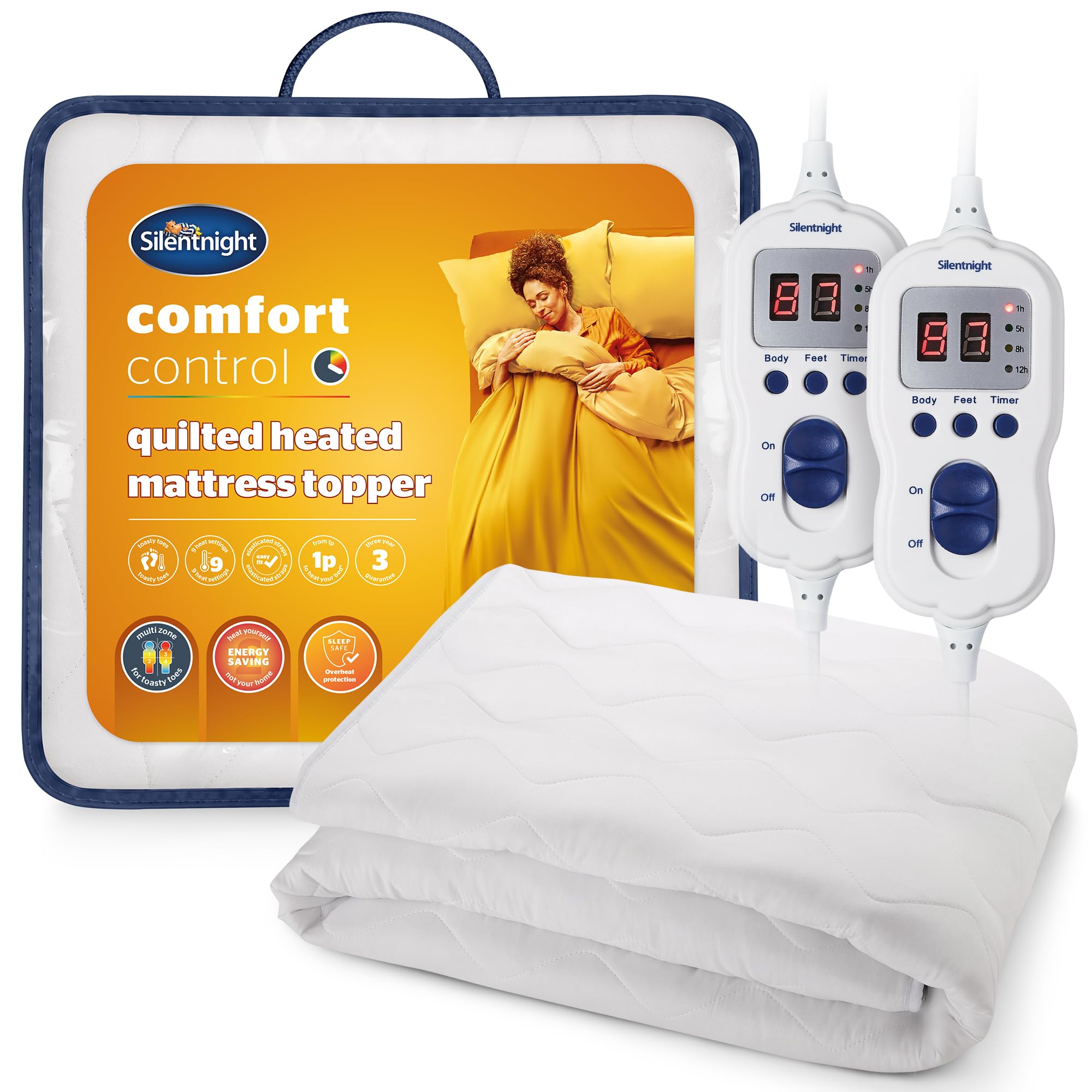 Silentnight Comfort Control Heated Quilted Topper - Bed Warmer in Double Size Warm Electric Heating Pad Mattress Toppers - Machine Washable Underblanket with Elasticated Straps