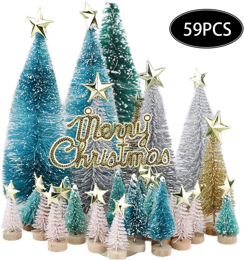 Xueliee 34Pcs Mini Sisal Snow Frost Trees Bottle Brush Trees Plastic Winter Snow Ornaments Tabletop Trees (59pcs)