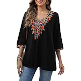 Grosy 3/4 Sleeve Embroidered Mexican Tunic Tops for Women Plus Size Boho Peasant Blouses Bohemian Tunics Hippie Shirts