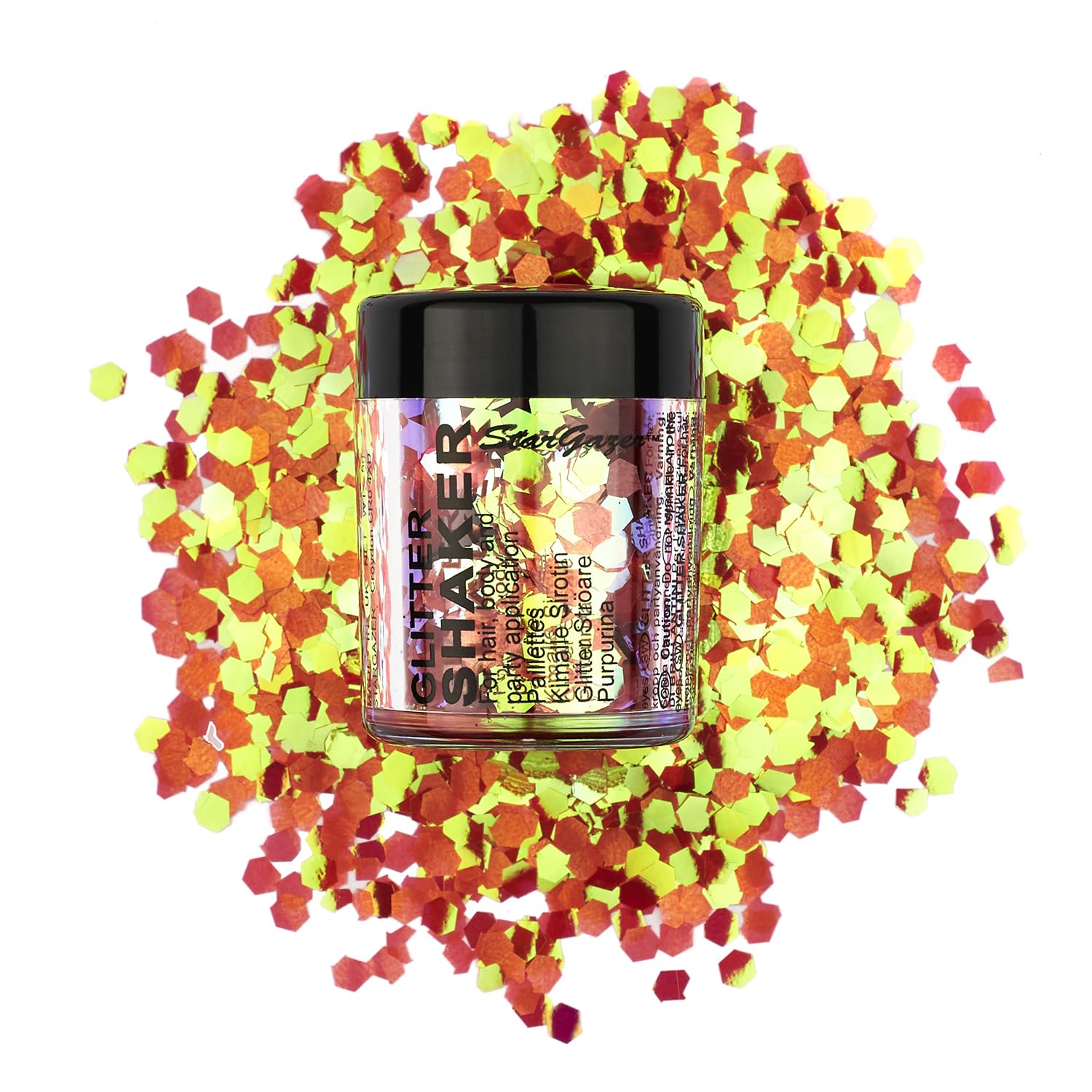 Stargazer Chunky Glitter Shaker, UV Orange. Cosmetic glitter for use on the eyes, lips, face, body, hair and nails.