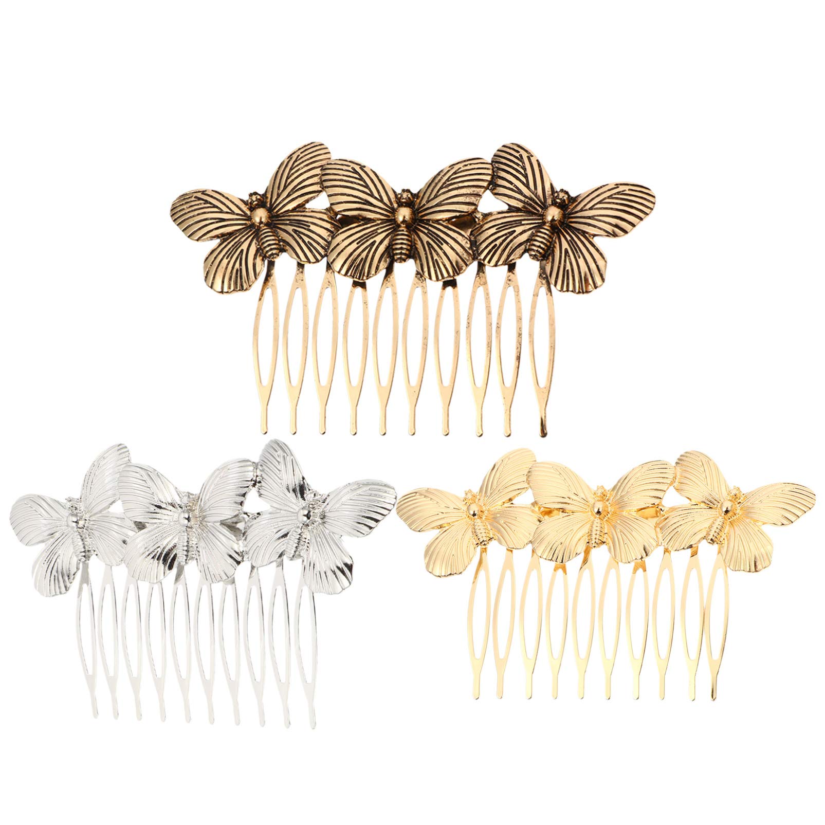FRCOLOR Metal Hair Side Combs,Butterfly Side Hair Clip Vintage Wedding Hair Combs Veil Comb French Twist Updo for Women,Bride,3pcs (Random Color)