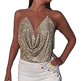PURFUN Women Sparkle Rhinestones Crop Top Deep V Neck Backless Halter Camis Rave Beach Bikini Top Night Party Outfit Clubwear
