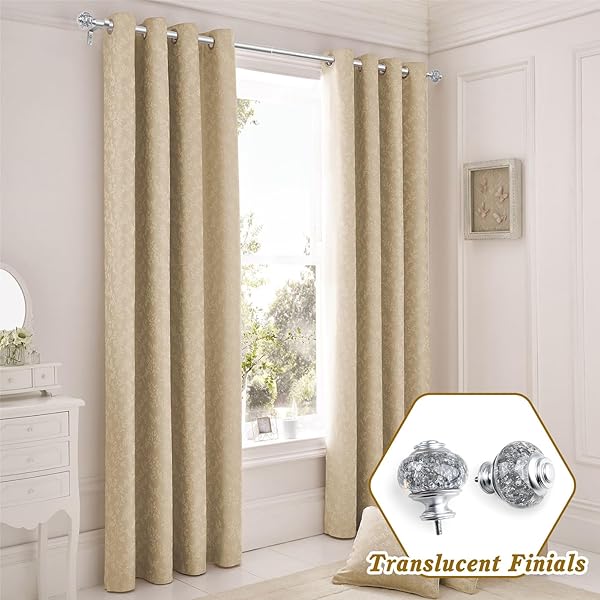 1 INCH CURTAIN RODS 36 TO 72 INCHES(3 TO 6 FT) TELESCOPING SINGLE DRAPERY ROD, USFOOK SILVER CURTAIN RODS FOR WINDOWS 24 TO 68 INCHES WITH TRANSLUCENT FINIALS