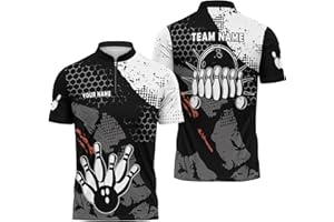 Unisex Bowling Team 1/4 Zip Jerseys with Black Bowling Ball On It Custom Name Zipup Tshirt Short Sleeve for Bowling Team