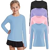 LessonZoo 4 Pack Girl's Long Sleeve Athletic Shirts with Thumb Holes, 5-14 Years Kids Quick Dry Crew Neck Teens Gym Yoga Tops