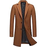 PRIJOUHE Men's Wool Trench Coat Single Breasted Slim Fit Mid-Length Notched Collar Winter Overcoat Quilted Pea Coats