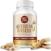 Zen American Ginseng 500mg - 100 Capsules. Premium Quality Panax Quinquefolius Daily Supplement