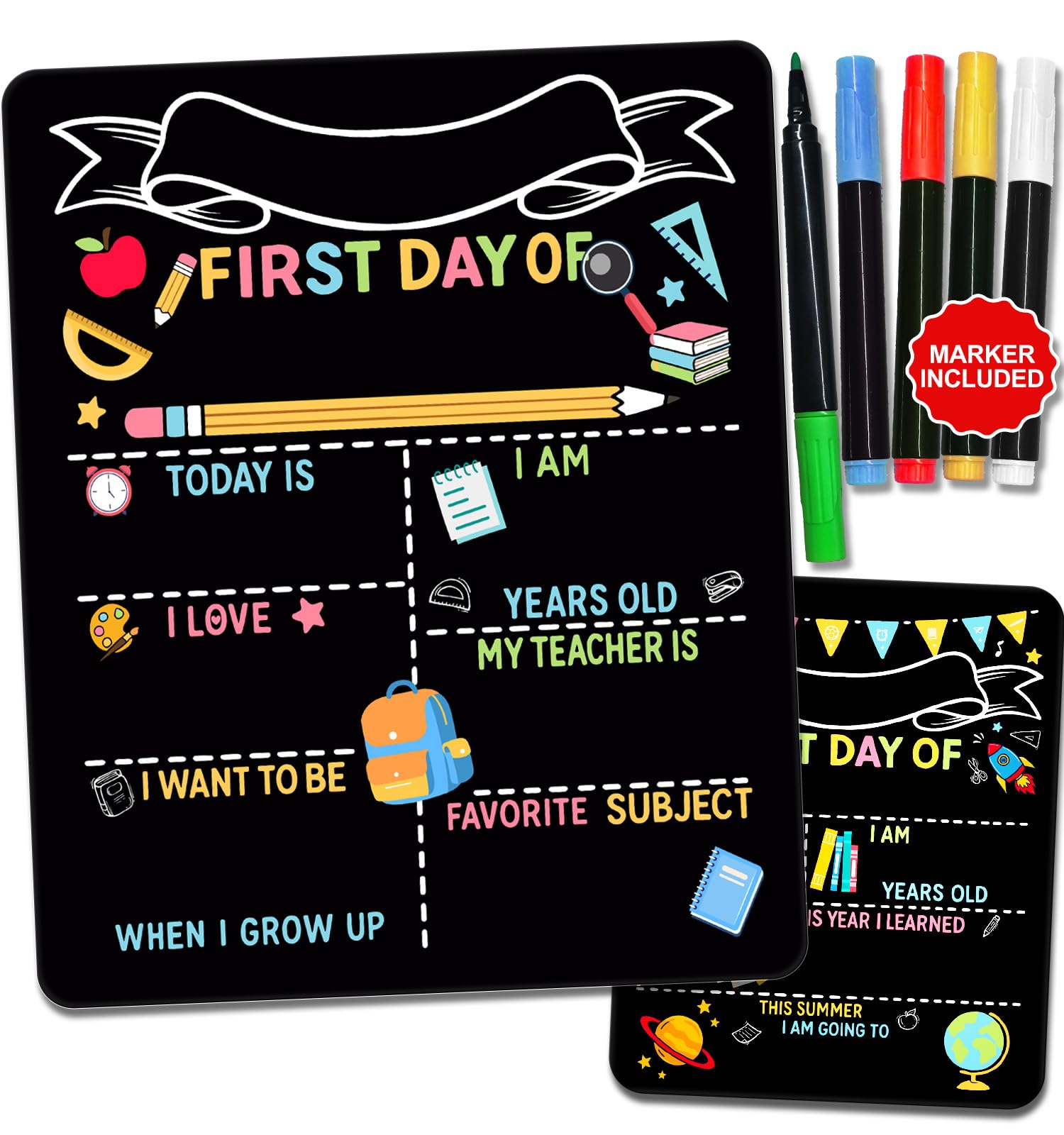 Photo 1 of JMHACHY Double-Sided First Day & Last Day of School Sign with Markers Included - 12×10 Inch Reusable Back to School Chalkboard for Kids, Preschool, Kindergarten - Durable & Easy to Clean
