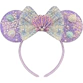Trnerm Mermaid Headband Sequin Ears with Silver Bows, Shells and Pearl | Mermaid Mouse Ears for Mermaid Birthday Party Supplies