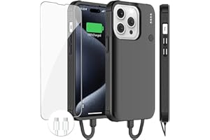 GIN FOXI Fast Charging Battery Case for iPhone 15 Pro Max/15 Plus, 8000mAh 15W Ultra Slim Charger Case Rechargeable Portable Extended Power Bank Case Cover Battery Pack Built-in Cable, Black (6.7”)