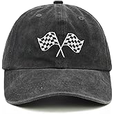 Wodeal Racing Car Flag Hat for Men Women, Adjustable Embroidered Washed Race Car Baseball Cap