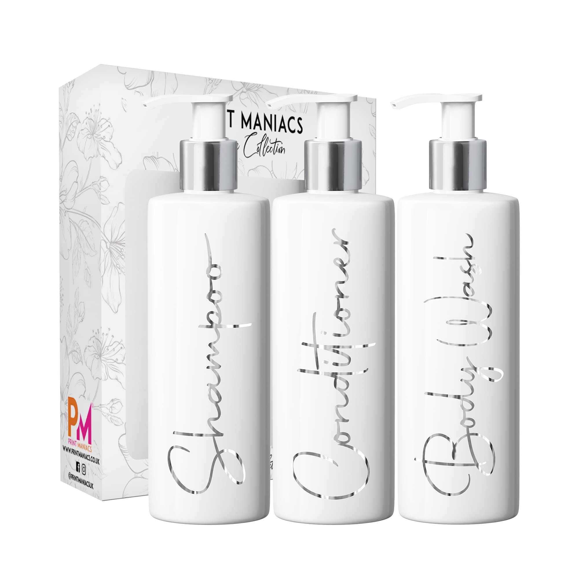 Print Maniacs White Mrs Hinch Inspired Personalised 500ml Pump Bottles Bathroom Lotion Kitchen Set Shampoo Conditioner ( 3 Set, F2 ) (Silver)