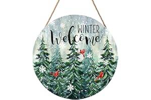MIAOQUHE Winter Welcome Door Sign For Front Door Decor,Winter Farmhouse Pine Trees Cardinal Bird Wooden Sign 12"x 12" Round Wood Hanging Door Sign Decoration for Winter Wall Rustic Farmhouse Porch Decor