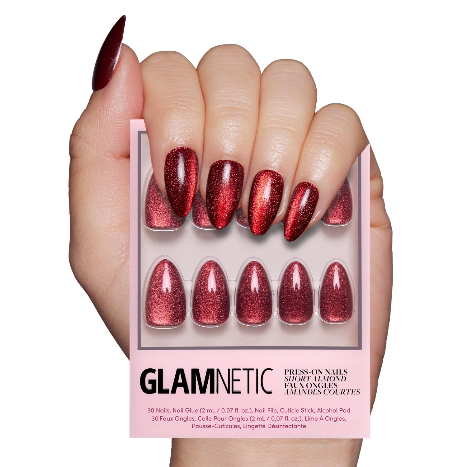Glamnetic Press On Nails - Ruby Slipper | Deep Red Sparkly Short Almond Fake Nails with a Velvet Finish, Reusable | 15 Sizes - 30 Nail Kit with Glue