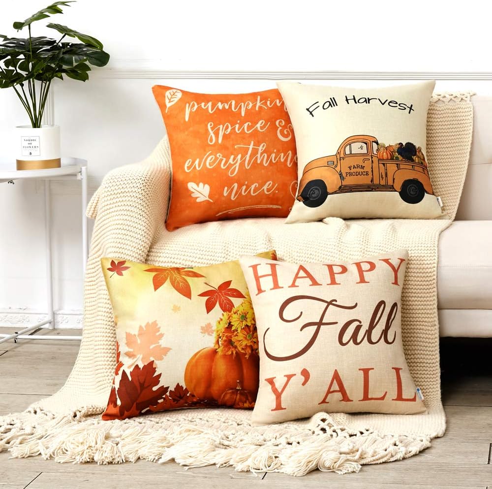 Fall Pillow Covers 18x18 Inch for Fall Decor Set of 4 Autumn Harvest Pumpkin Theme Farmhouse Decorative Throw Pillow Covers for Sofa Couch Home Decoration: Kitchen & Dining