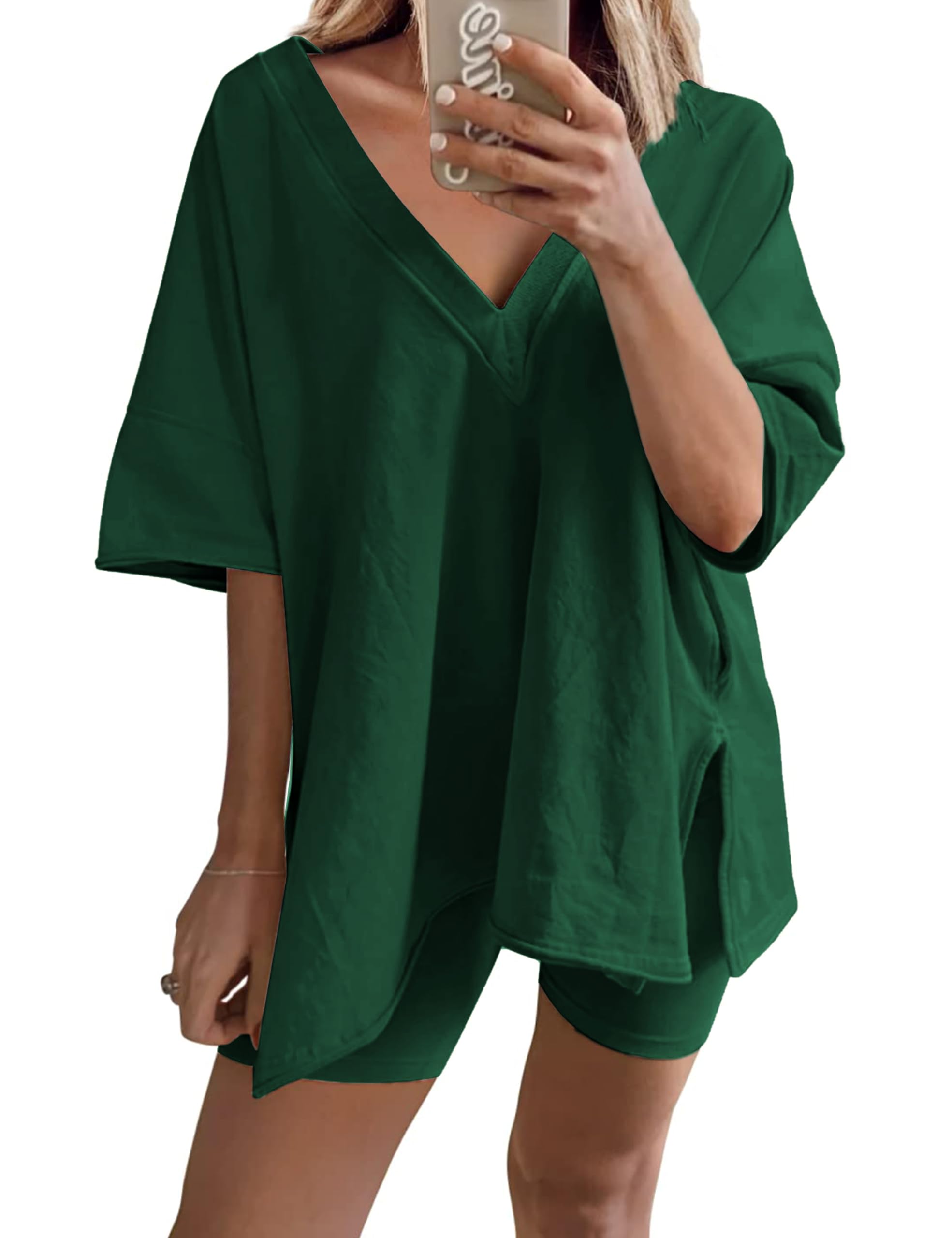 Photo 1 of ****ONLY SHORTS*****LTSCNRM 2 Piece Outfits for Women Reversible Oversized T Shirt Biker Shorts Sets Workout Tracksuit(Armygreen-L)