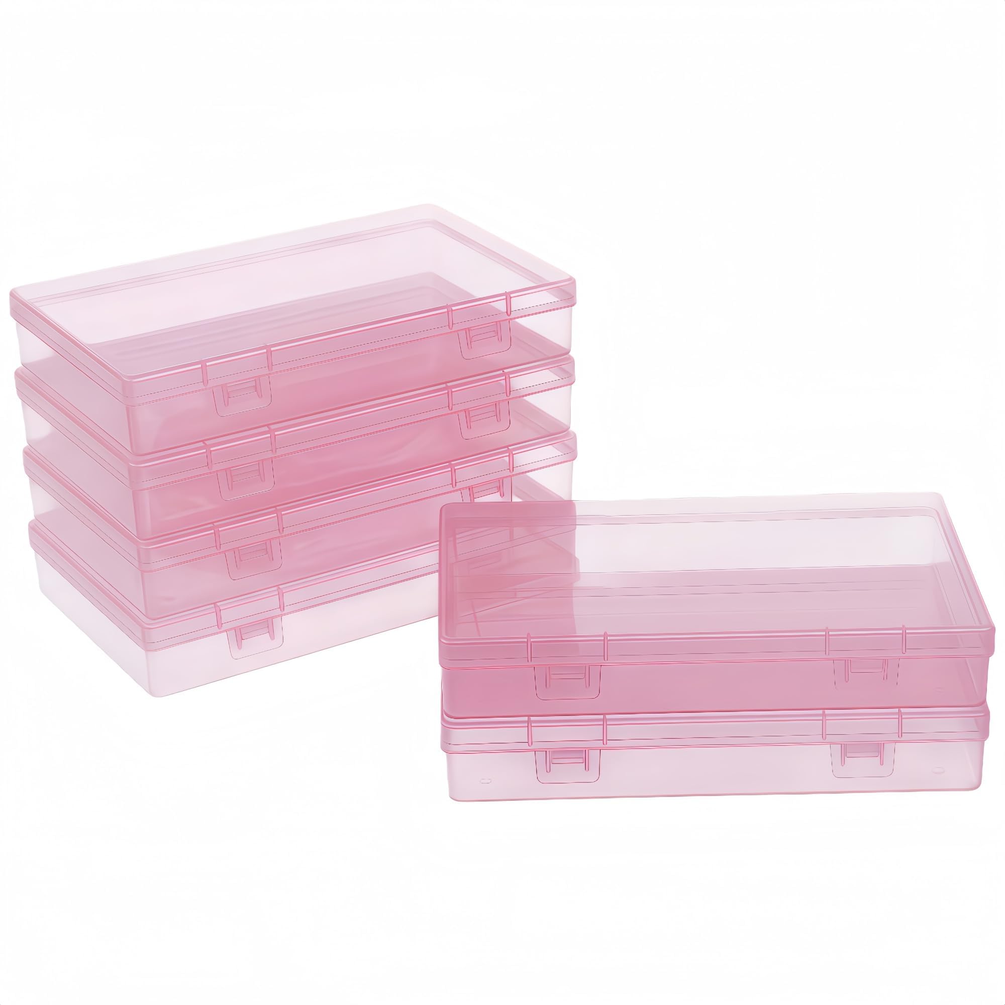 LJY 6 Pack Small Plastic Storage Box with Hinged Lid 18 x 11 x 3 cm – Flat Rectangular Storage Containers with Lids for Beads, DIY Craft Storage and Hardware, Transparent Storage Box (Pink)