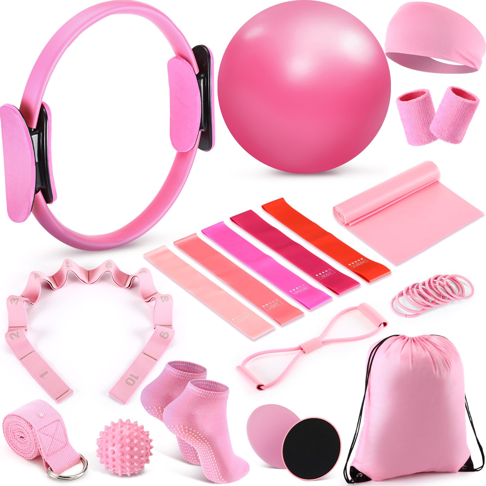 Photo 1 of Poen 18 Pcs Pilates Ring Kit Home Pilates Ring Circle and Ball Set for Women Yoga Fitness Set with 5 Resistance Band Stretching Strap Non Slip Sock Ball Core Slider Wristband Headband Gym Bag(Pink)