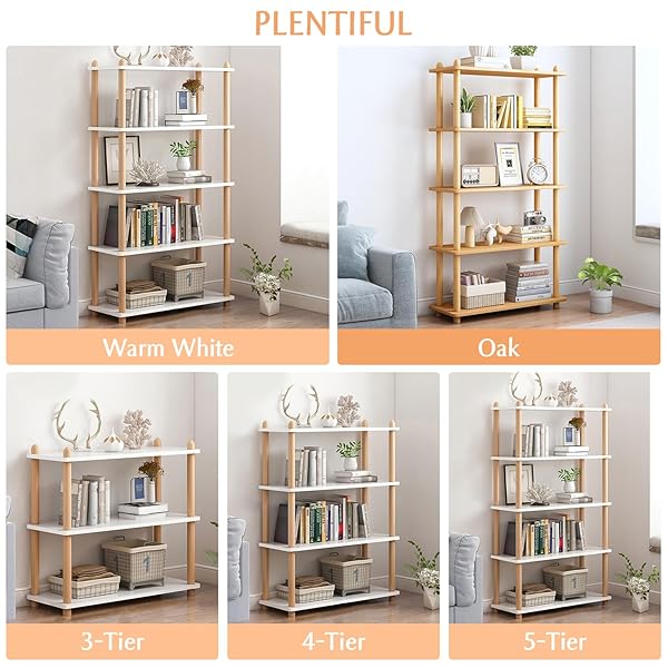 IOTXY 5-TIER WOODEN SHELF BOOKCASE – MODERN OPEN BOOKSHELF, FREE STANDING STORAGE RACK, MULTIFUNCTIONAL DISPLAY STAND FOR HOME AND OFFICE, OAK, RECTANGLE