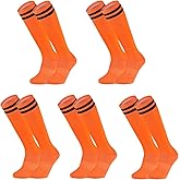 Elfcool 5 Pairs Kids Soccer Socks Youth Knee High Striped Tube Football Baseball Socks for Boys Girls 6-12 Years Old