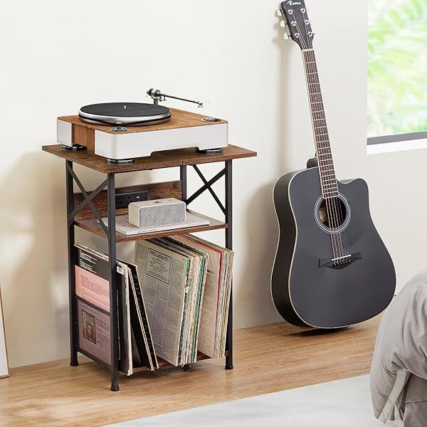 AMHANCIBLE RECORD PLAYER STAND WITH CHARGING STATION, LARGE TURNTABLE STAND WITH STORAGE CABINET, 3 TIER END TABLE HOLD UP TO 100 ALBUMS, RECORD STAND FOR VINYL, LIVING ROOM, BROWN, HETCD012BR-1
