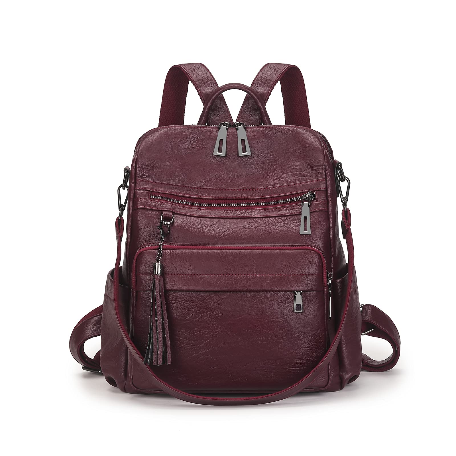 Artwell Backpack Purse for Women Fashion PU Leather Designer Travel Large Ladies Shoulder Bags Tote Tassel Rucksack (Wine Red)