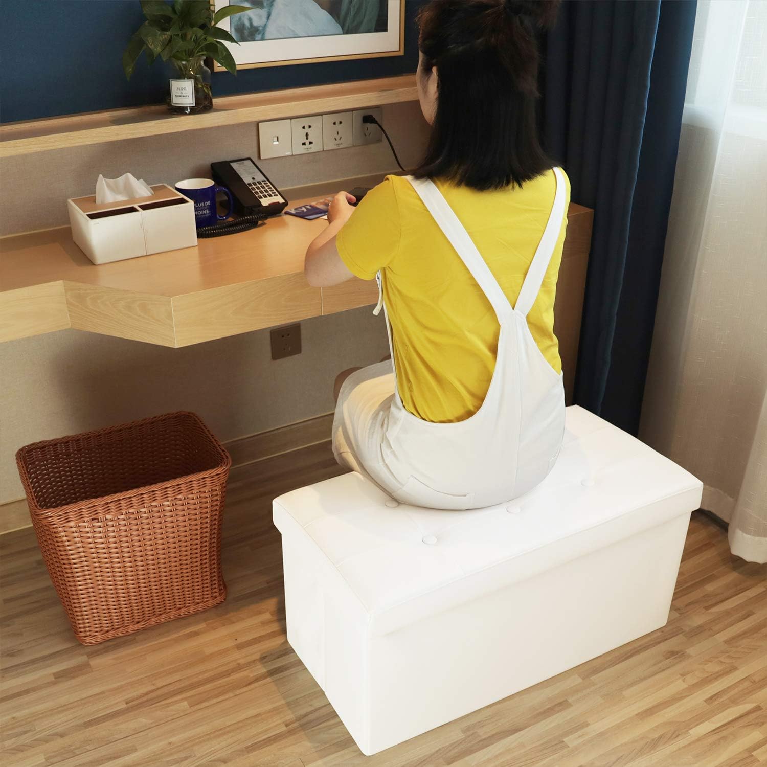 WoneNice 30 Inches Faux Leather Folding Storage Ottoman Bench, Ottoman Toy Chest Folding Storage Box, Hold Up to 300 LB (White): Kitchen & Dining