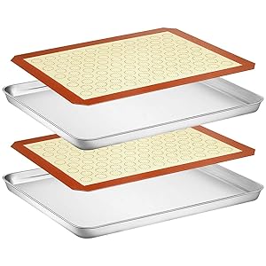Wildone Baking Sheet with Silicone Mat Set, Set of 4 (2 Sheets + 2 Mats), Wildone Stainless Steel Cookie Sheet Baking Pan with Silicone Mat, Size 16 x 12 x 1 inch, Non Toxic & Heavy Duty & Easy Clean