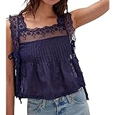 Women Lace Vest Tanks Y2K Sleeveless Split Side Tie Tank Top Sheer Ruffle Cami Shirt Summer Going Out Crop Tops