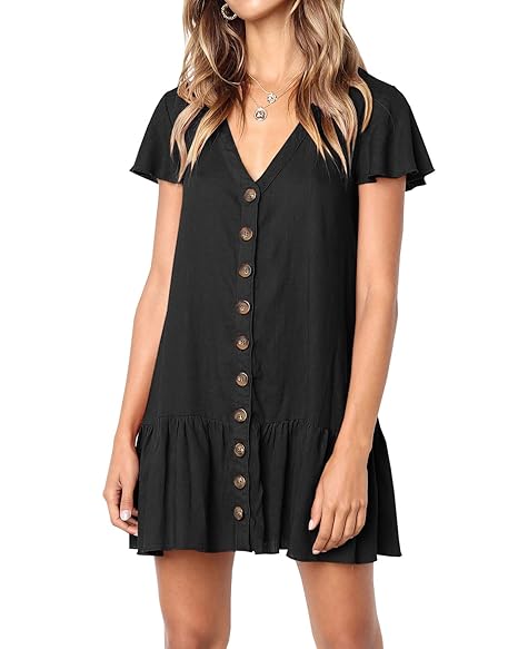 Womens Cute V Neck Short Sleeve Button Down Loose Fit Ruffle Mini Dresses