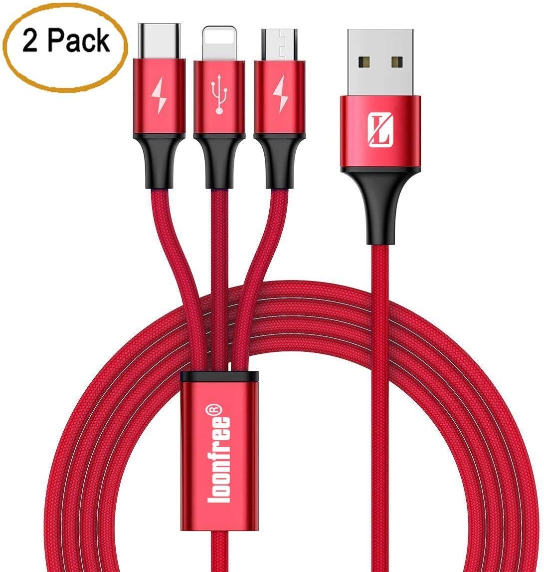 Multi USB Cable, Multi Charger Cable, Multi Charging Cable, 3 in 1 3A 1.2m Micro USB/USB Type C Nylon Braided USB Charger Data Cable Compatible with 7 7 Plus 6s 6s Plus 6 6 Plus-Red (2 Packs)