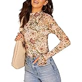 Dressmine Long Sleeve Mesh Tops for Women Mock Neck Floral Blouse Layering Sexy Fitted Going Out Top