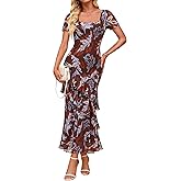 ZESICA Women's Summer Floral Bodycon Maxi Dress 2026 Square Neck Mesh Ruffle Elegant Cocktail Wedding Party Long Dresses