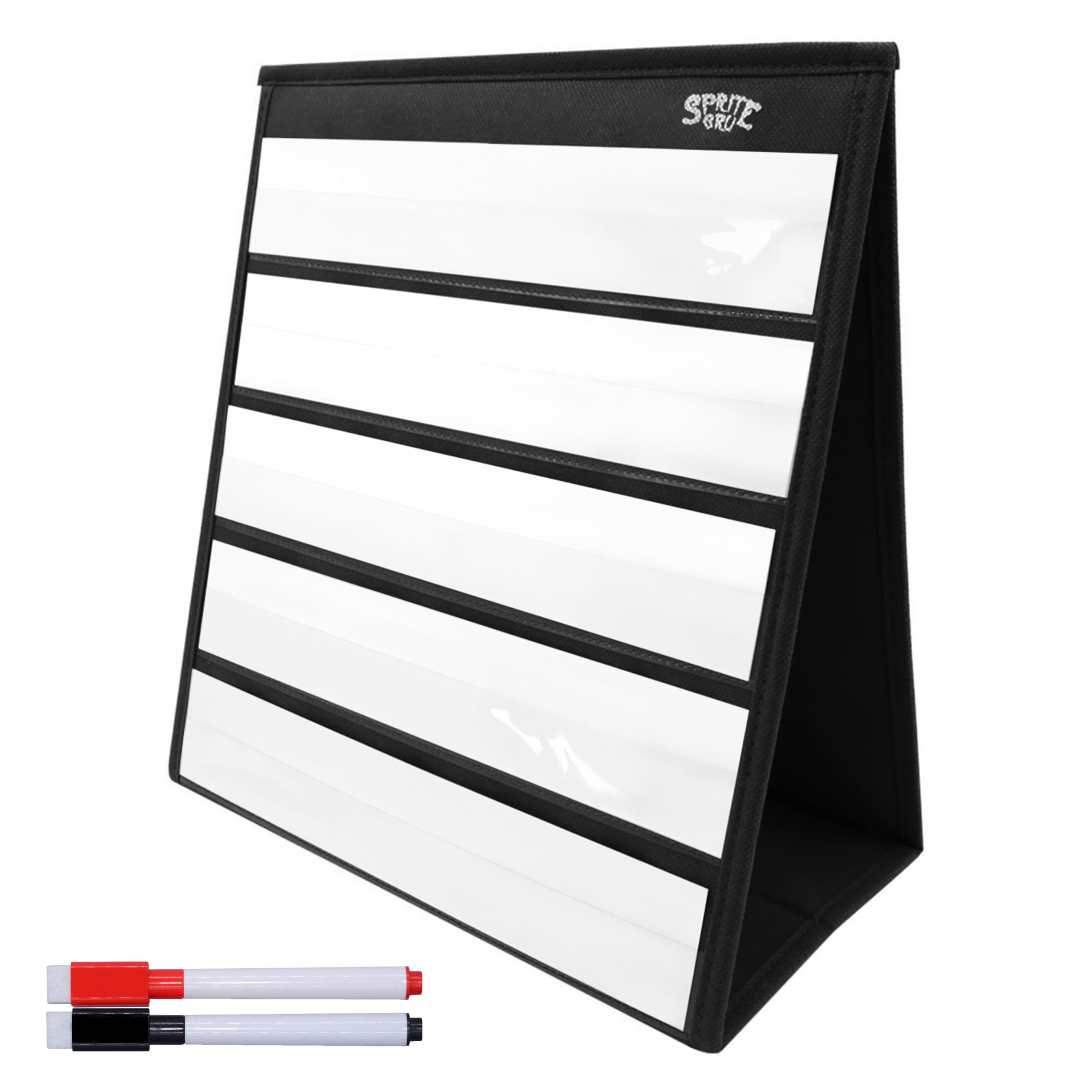 Black Tabletop Desktop Pocket Chart with Bonus 20X Dry Erase Cards. Double Sided and Self-standing (13” X 12”)