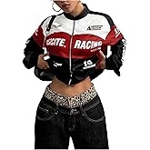GORGLITTER Women's Racer Car Jacket Y2k F1 Oversized Graphic Coats Racing Varsity Zip Up Lightweight Jackets Streetwear