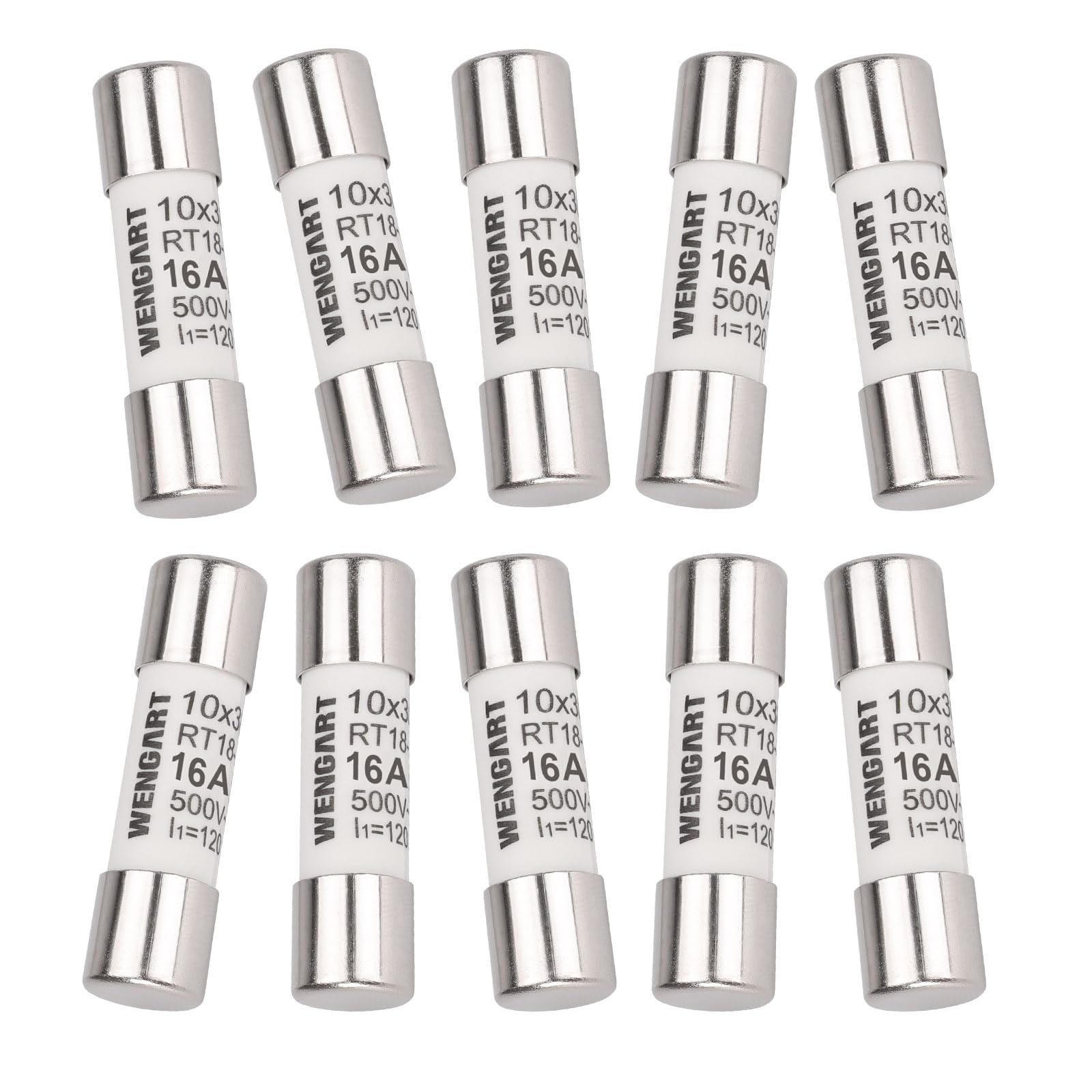 Wengart AC Cylindrical Fuse Link RT18-32 (RO15), AC500V 16A, 120kA, 10x38mm, 10 pieces, Strong Breaking Capacity, Can Reliably Protect The Circuit