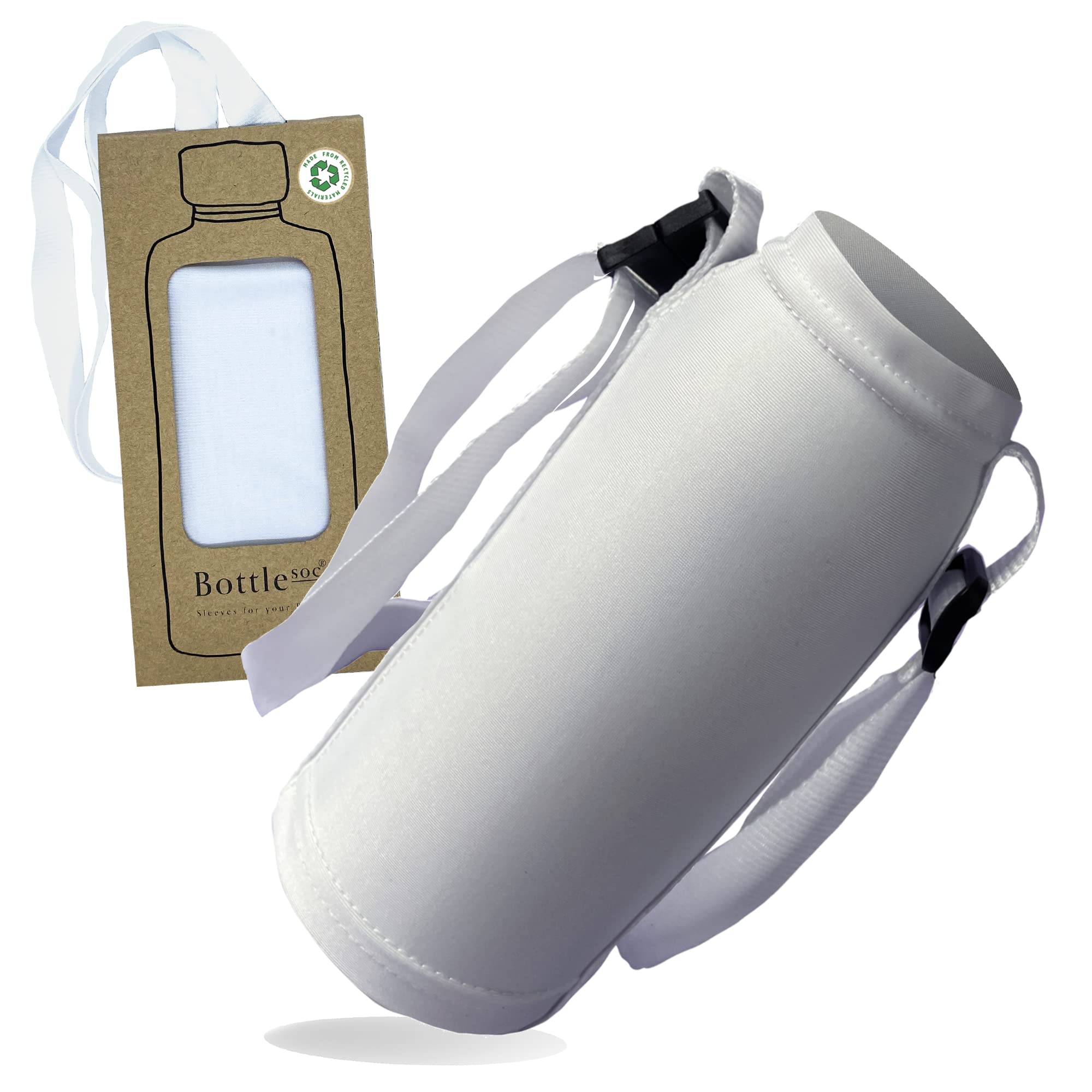 Bottlesoc Water Bottle Carrier with Shoulder Strap | White Design - Washable Cover for Walking & Travel | Eco Friendly Sleeve with Adjustable Strap | Stretchable & Reusable Water Bottle Holder