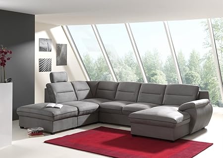 Mobilier Deco Canape D Angle Panoramique Convertible Tissu Gris