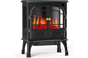 Sweetcrispy Freestanding Electric Fireplace Heater, 26”Two Door Fireplace with 3D Flame Effect, Overheating Safe Design, Energy Saving Space Heater with 12H Timer&Remote for Living Room, Bedroom,Black