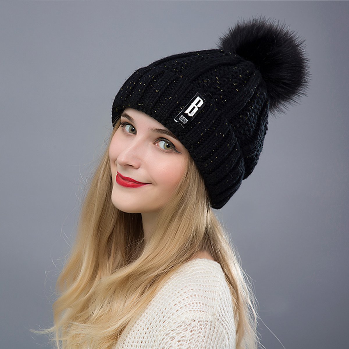 Wish Club Pompom Beanie Hat Women\'s Knitted Winter Hats Girls Soft Fleece Lined Cable Beanie Hats (Black)