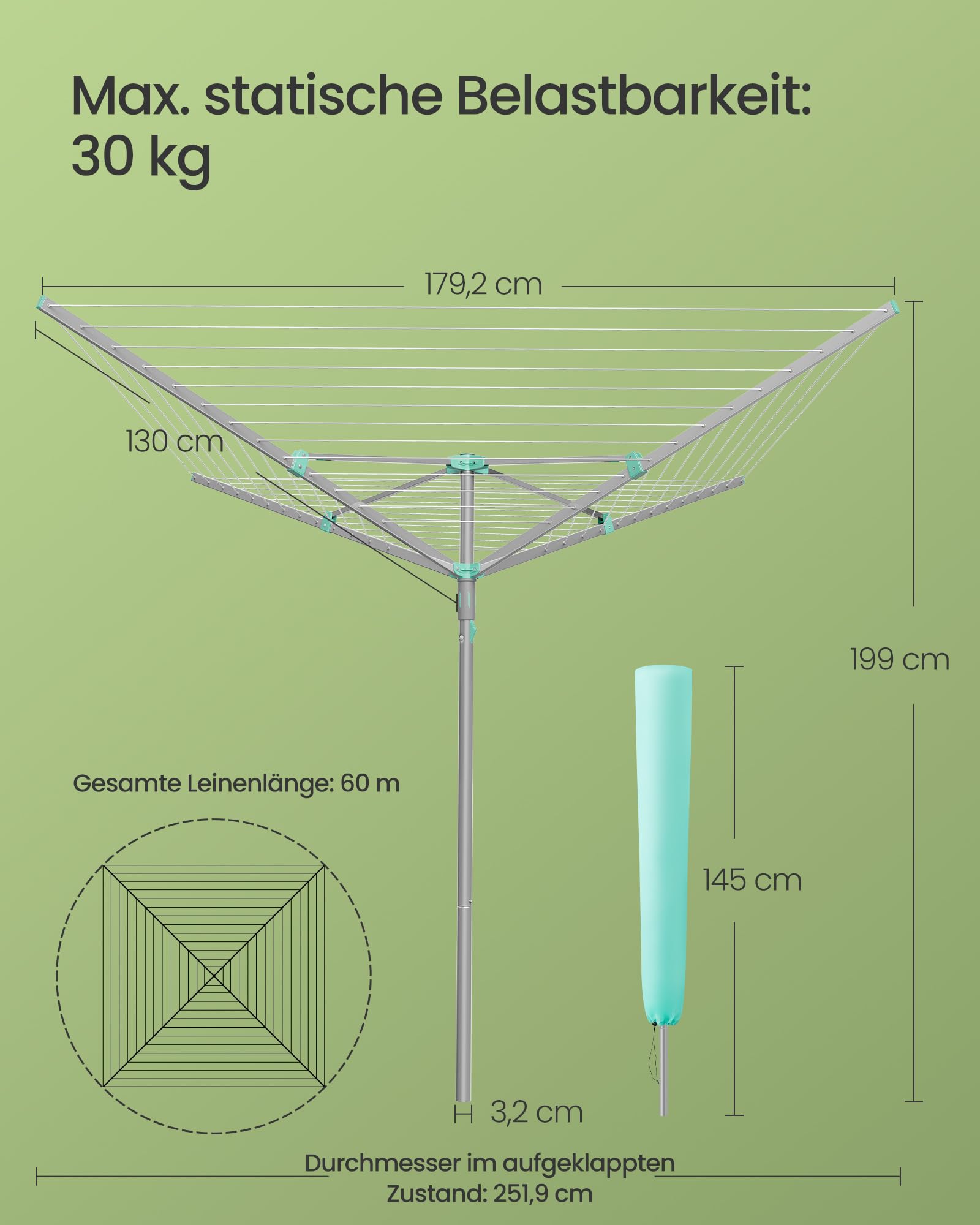 SONGMICS Wäschespinne, Wäscheständer, drehbar, klappbar, draußen, Garten, mit Wäscheklammern, Schutzhülle, silbern, 60 m Wäscheleine, für 6 Waschladungen LLR308EZ01 6