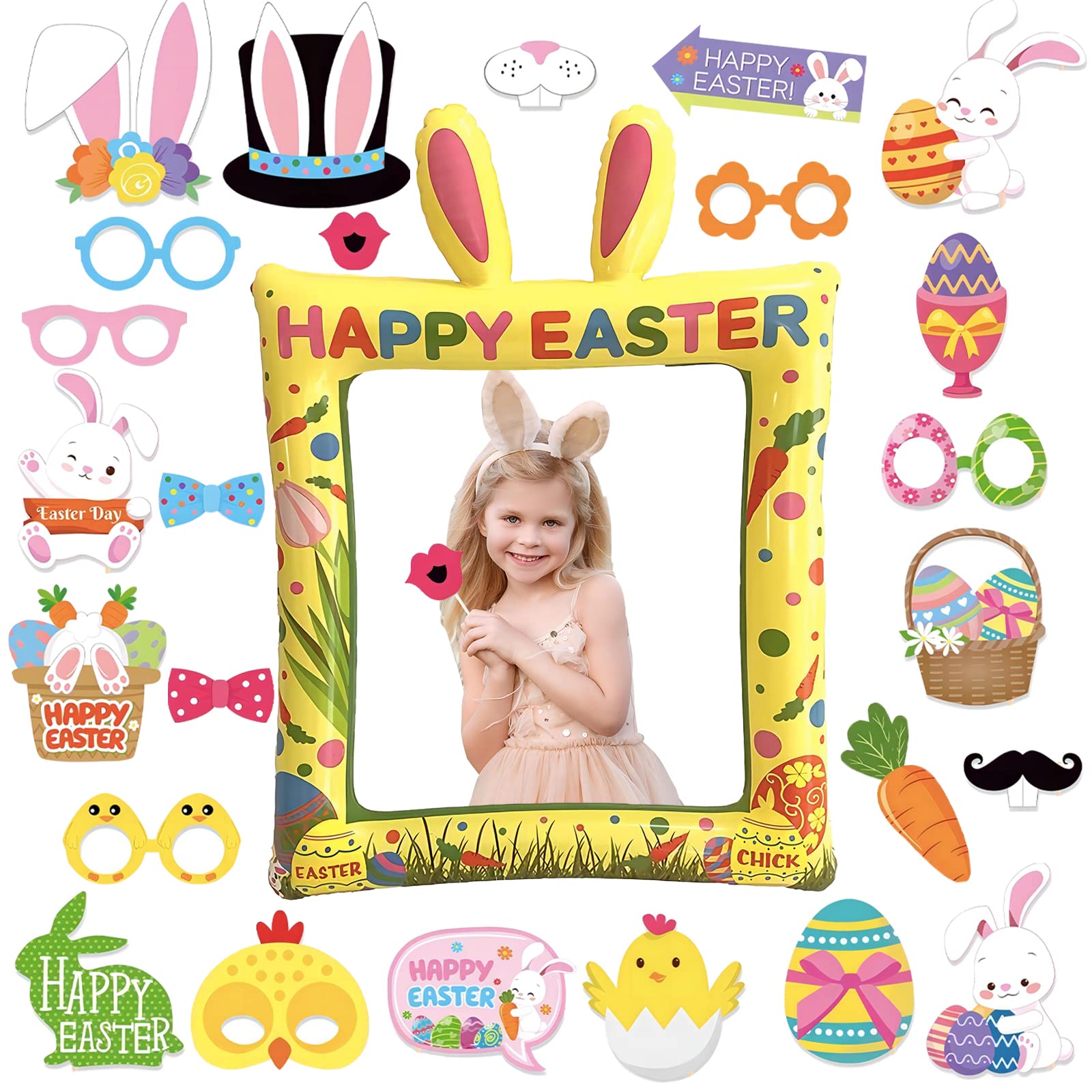 Easter Bunny Inflatable Photo Booth with 25Pcs Photo Booth Props Selfie Picture Frame for Easter Family Party,Easter Kids Party Game Accessories Supply,Giant Props Frame Celebration Blow Up Party Prop