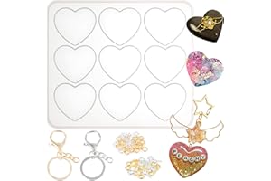 FUNSHOWCASE Puffy Heart Silicone Resin Mold with 42 Metal Accessories, 9-Cavity 2x1.7inch