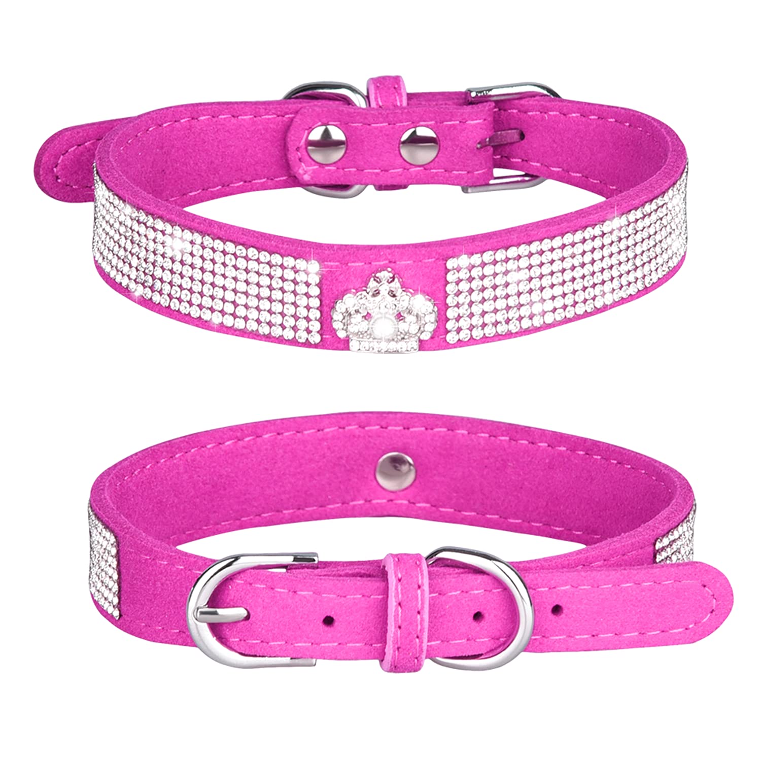 haoyueer Rhinestone Dog Collar, Cute Dazzling Sparkling Soft Suede Leather Dog Cat Rhinestone Collar Leash Crystal Diamond Pet Dog Puppy Collar (L, Hot Pink-4)