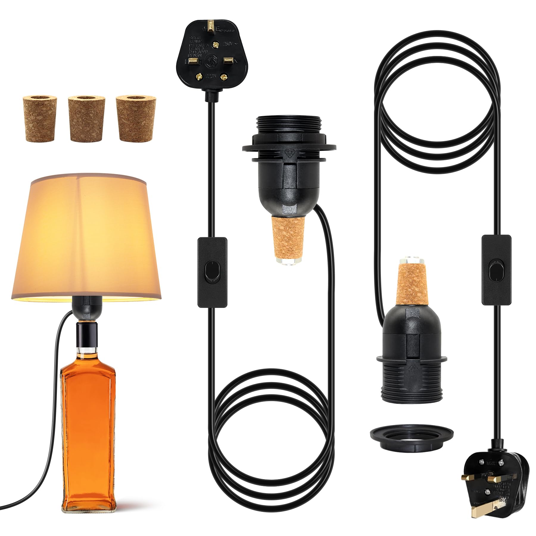 Bottle Lamp Adaptor Kit, 2 Pack Bottle Lamp Kits, Black DIY Lamp Fittings Kit for Table Lamp, E27 Light Bulb Adapter, E26 Wine Bottle Table Lamp, Can Install Lampshade,3 Sizes of Stoppers for You
