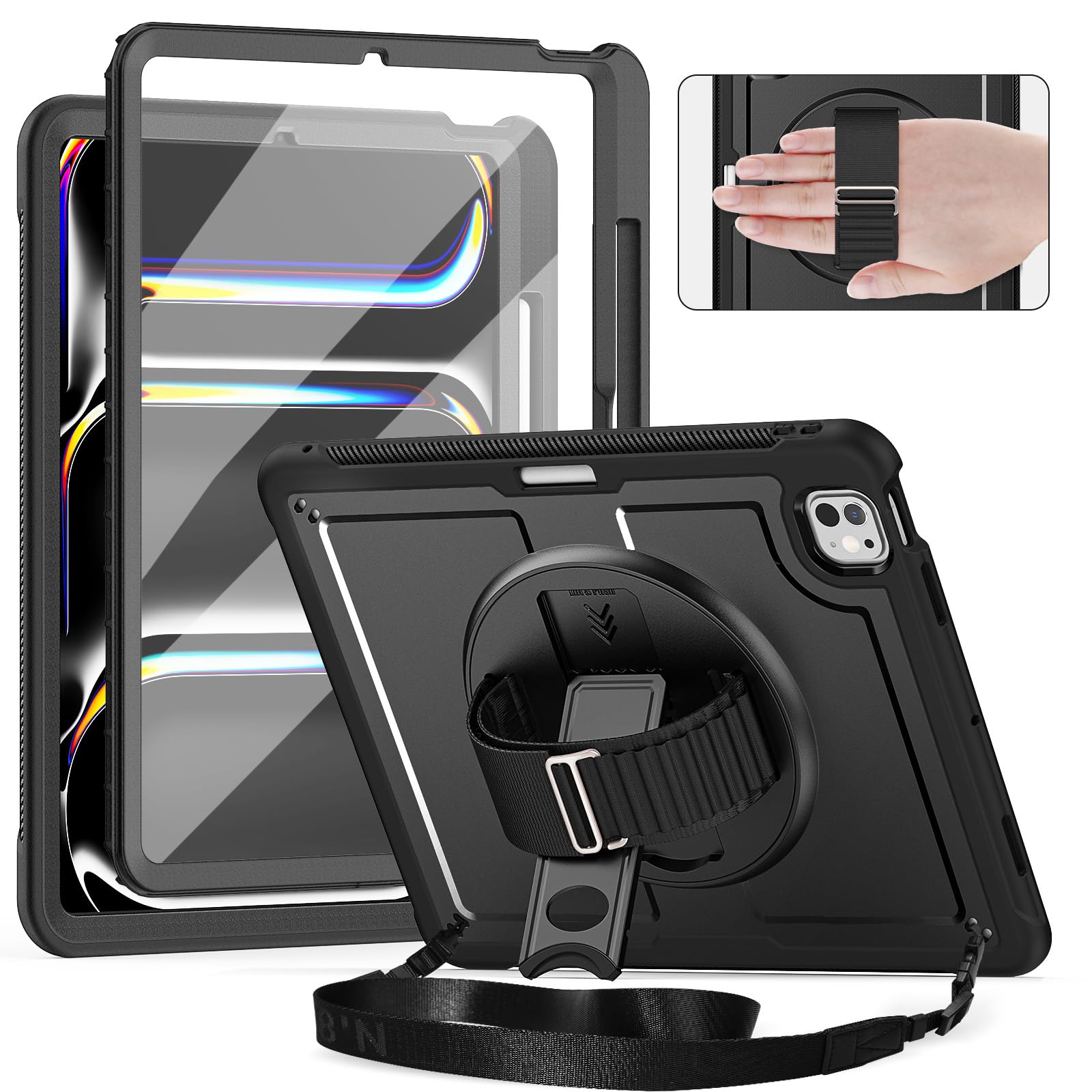 Photo 1 of Timecity Case for iPad Pro 13 Inch M4 2024 7th Generation(Model: A2925, A2926, A3007) with Screen Protector, 360° Rotating Kickstand, Adjustable Shoulder Strap, Precise Cutouts, Pencil Holder, Black
