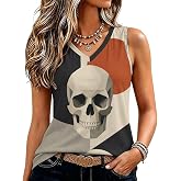 Bozfoxa Womens V Neck Tank Top Sleeveless Workout Shirt Vintage Glass Skull | Fine Ribbed Fabric, Soft Stretch Comfort, Breathable Light Fit, No Shrink Easy Care, Yoga Running Gym, Casual Travel Wear